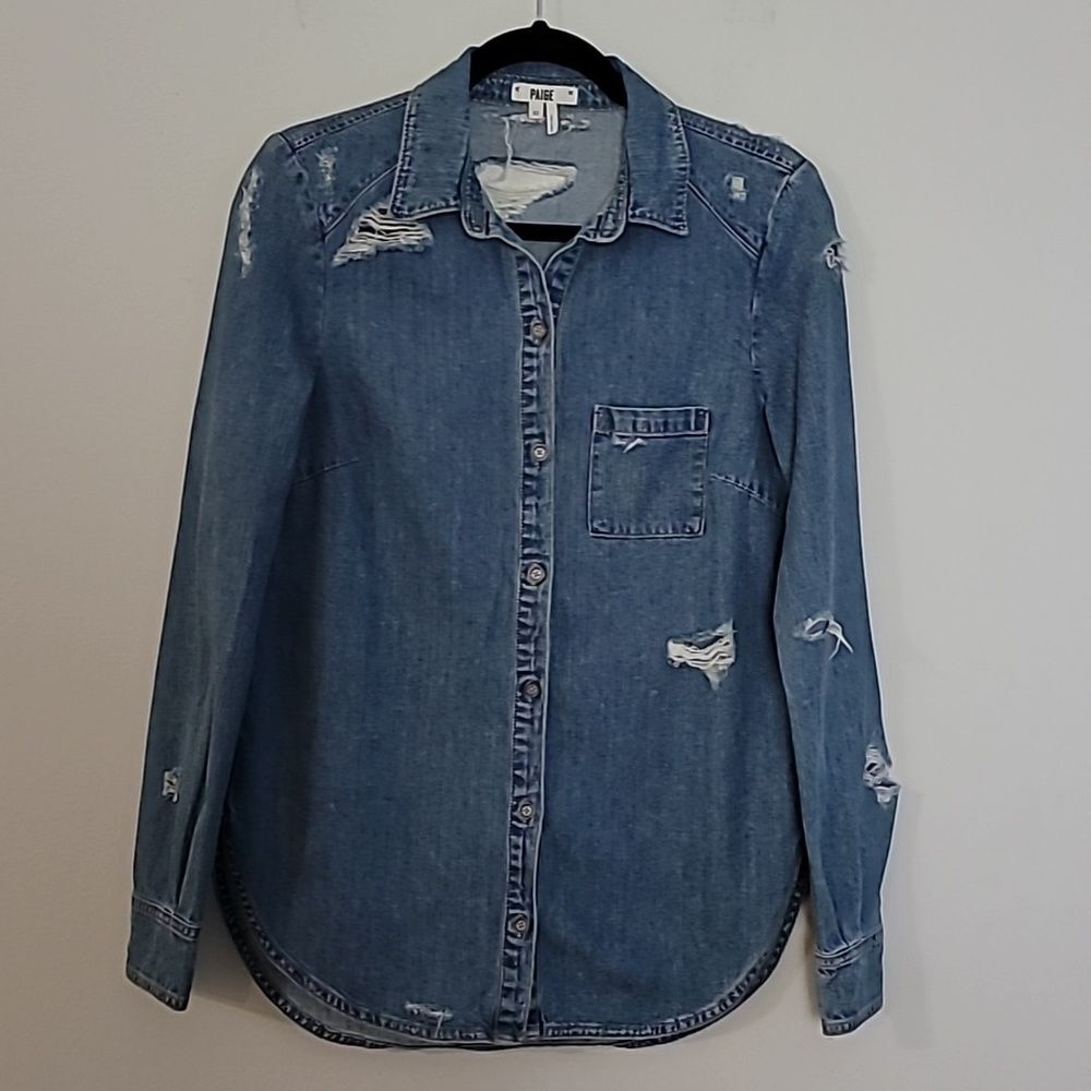 Paige chambray button-up shirt Sz XS Long Sleeve Distressed